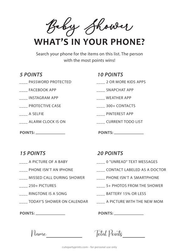 What's in your Phone | Baby Shower Games Printable
