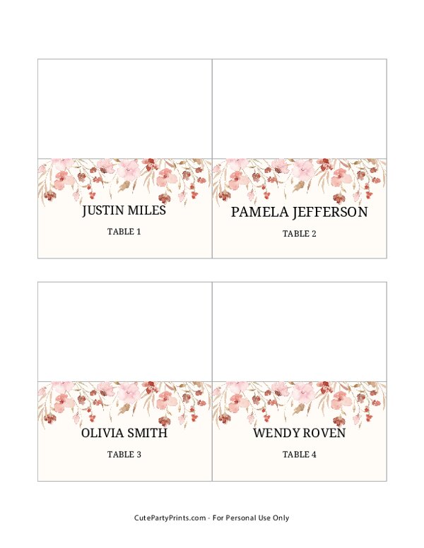 Beige Floral Rehearsal Dinner Place Cards