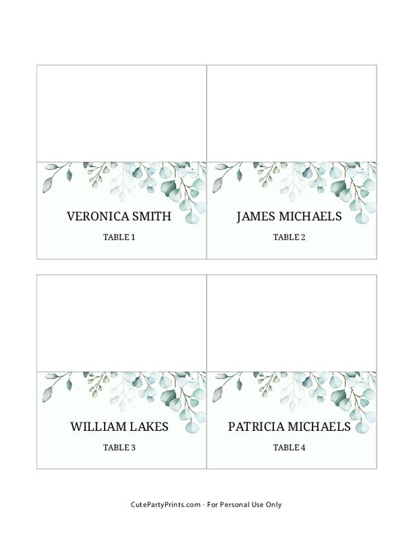 Green Leaves Rehearsal Dinner Place Cards