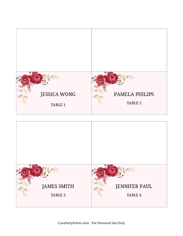 Red Floral Rehearsal Dinner Place Cards Template