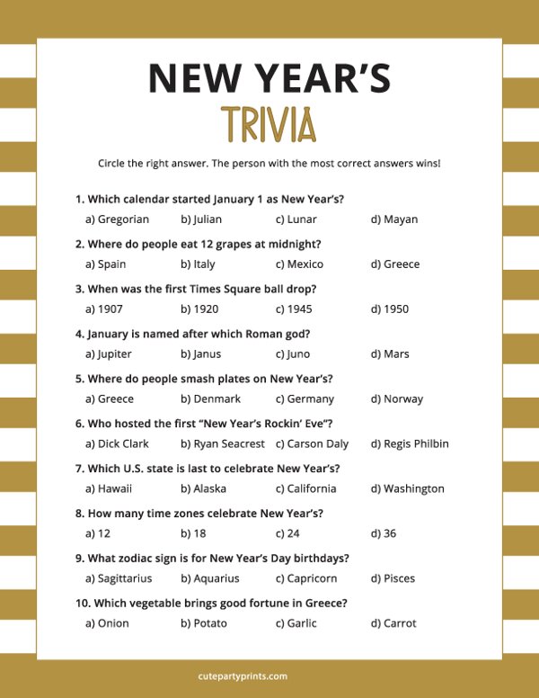 Free Printable New Year's Trivia Questions