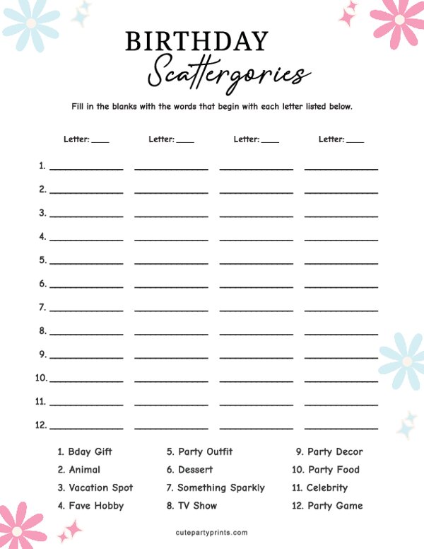 Birthday Scattergories