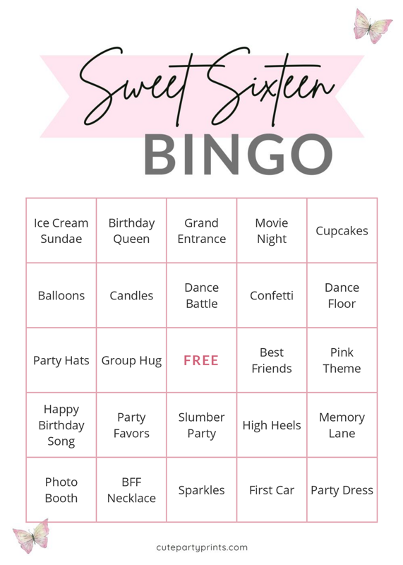 Sweet Sixteen Birthday Bingo