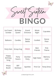 Sweet Sixteen Birthday Bingo