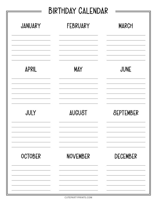 Birthday Calendar Template